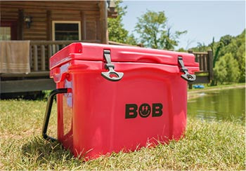 A 25QT / 23.6L vice red hard cooler sitting on the grass next to a lake.